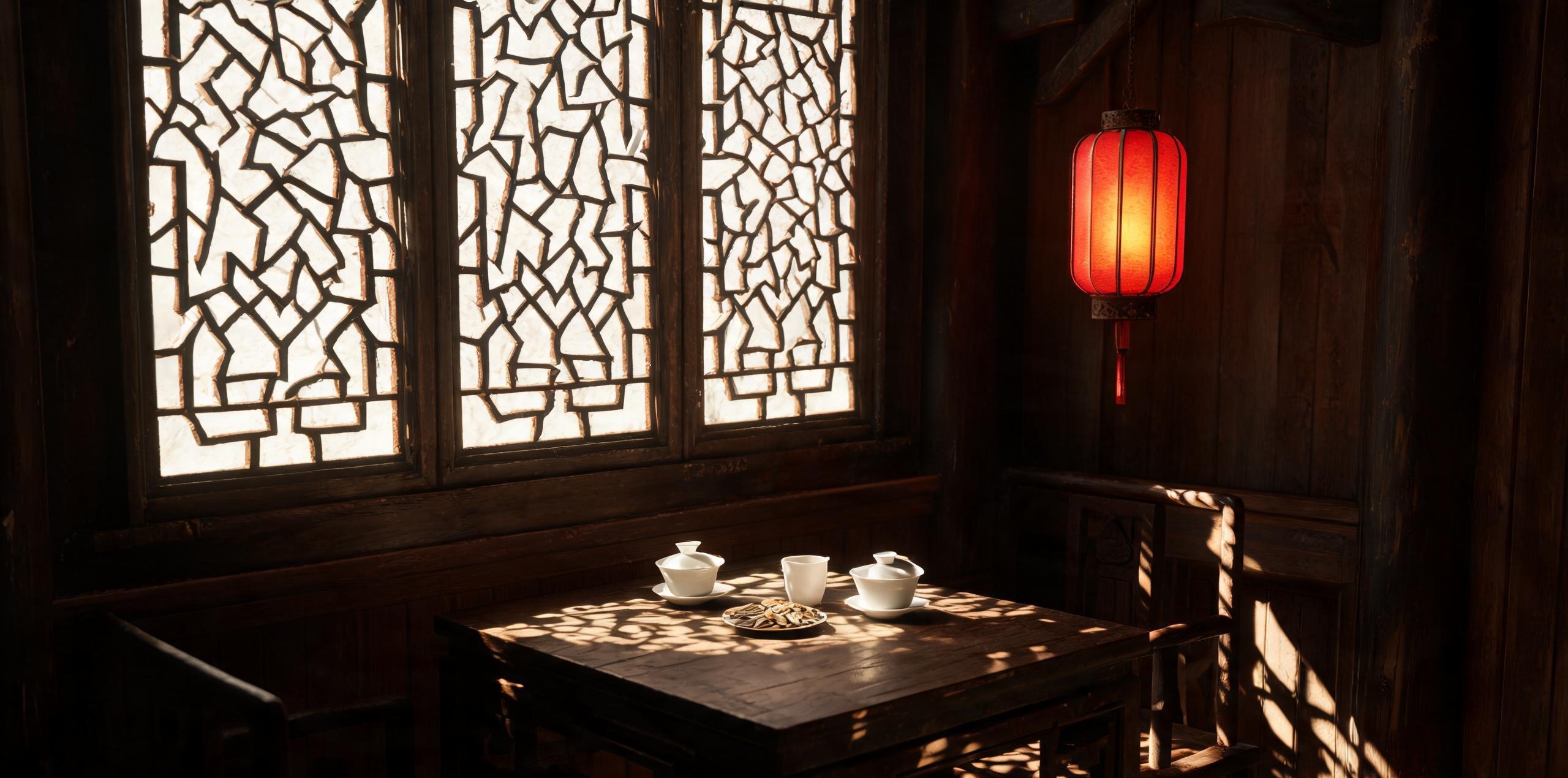 窗棂雅室——冰裂纹木窗棂透入天光，窗边设二人茶席，灯影茶寮安静雅间