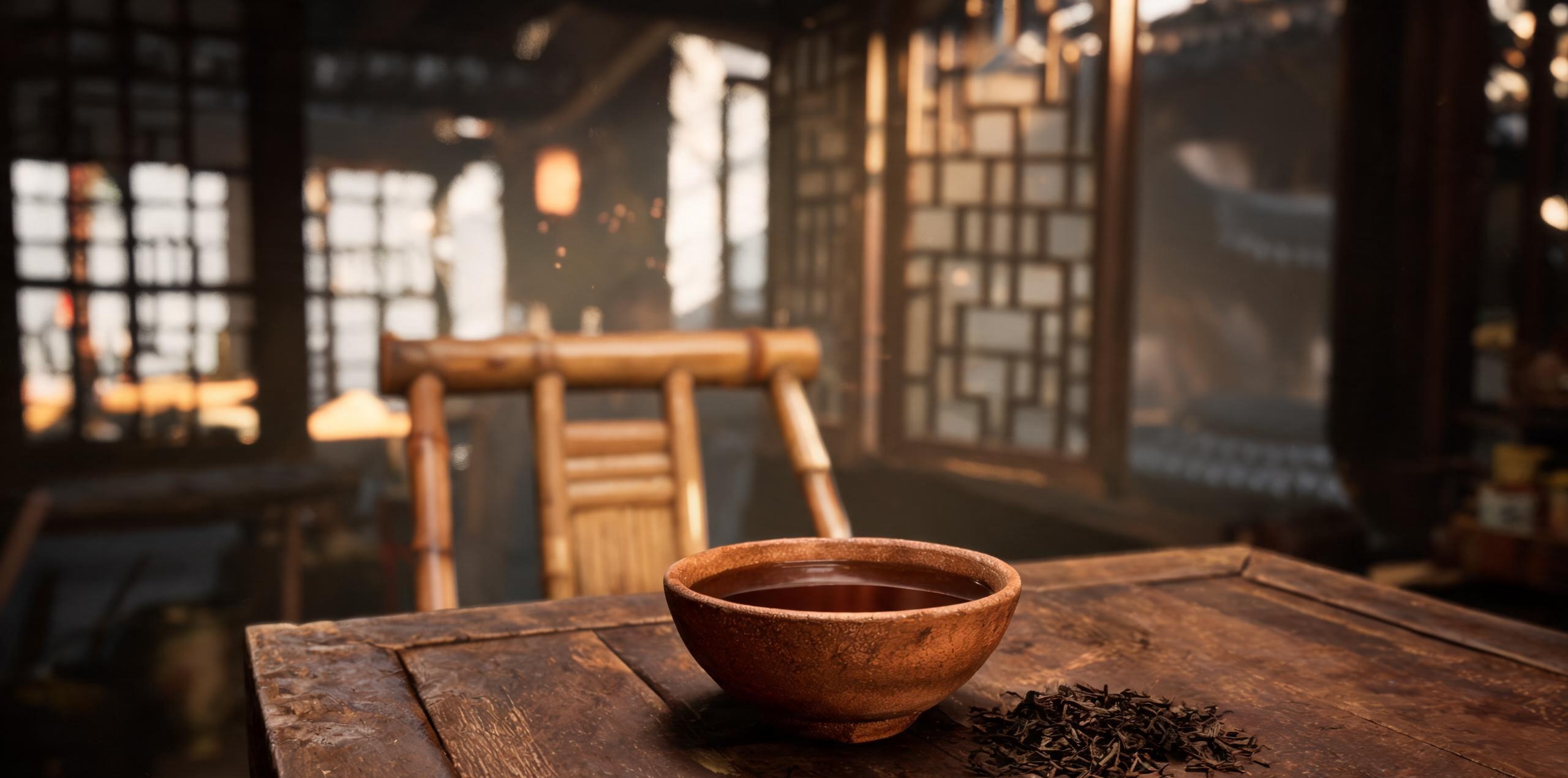 土碗老鹰茶巴渝原味——粗陶土碗盛琥珀色老鹰茶汤，配老木桌与竹椅，重庆市井茶饮