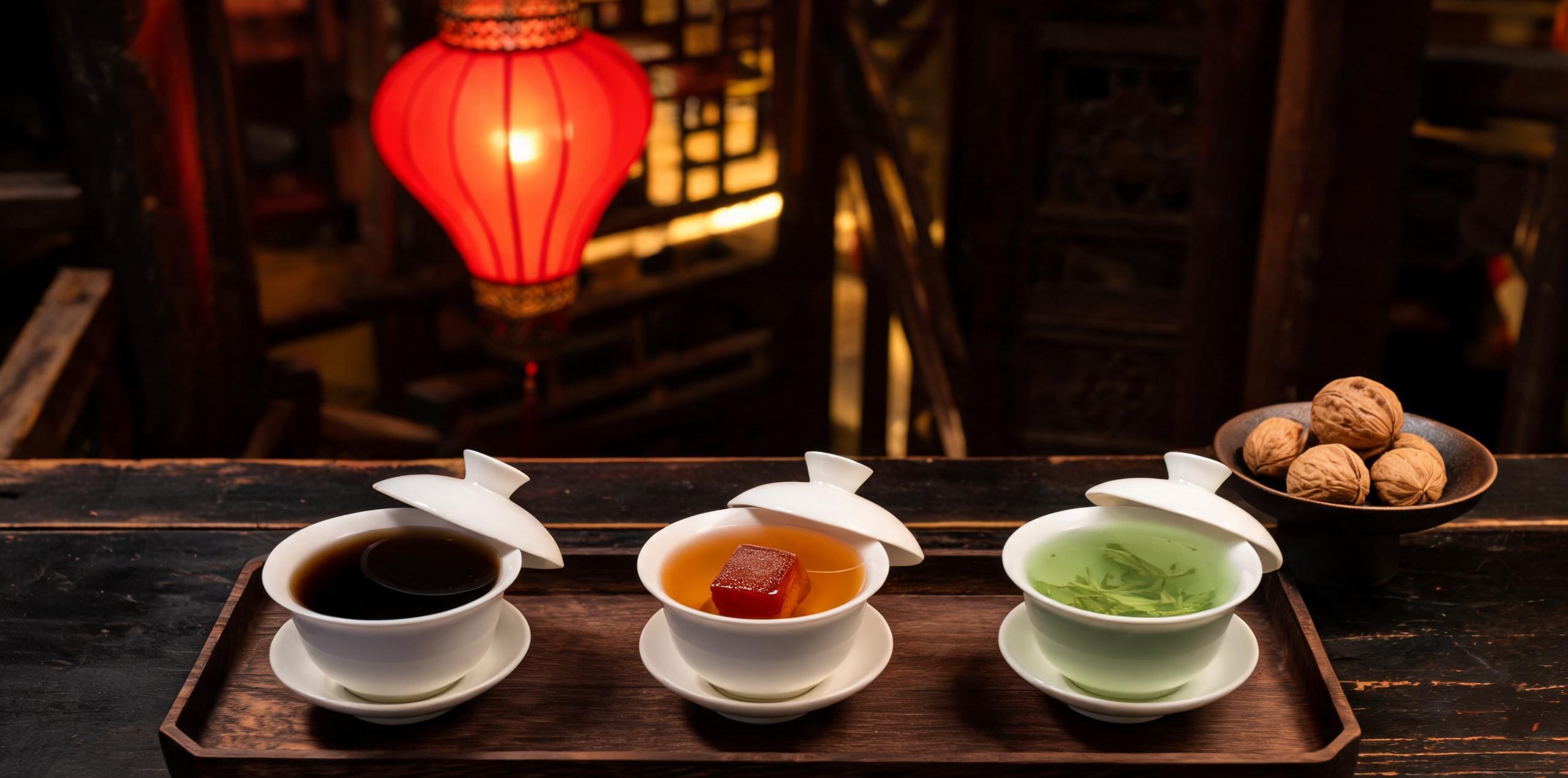 灯影三道茶一苦二甜三回味——三只盖碗依次排开，茶汤色泽由深转浅，配红灯笼暖光