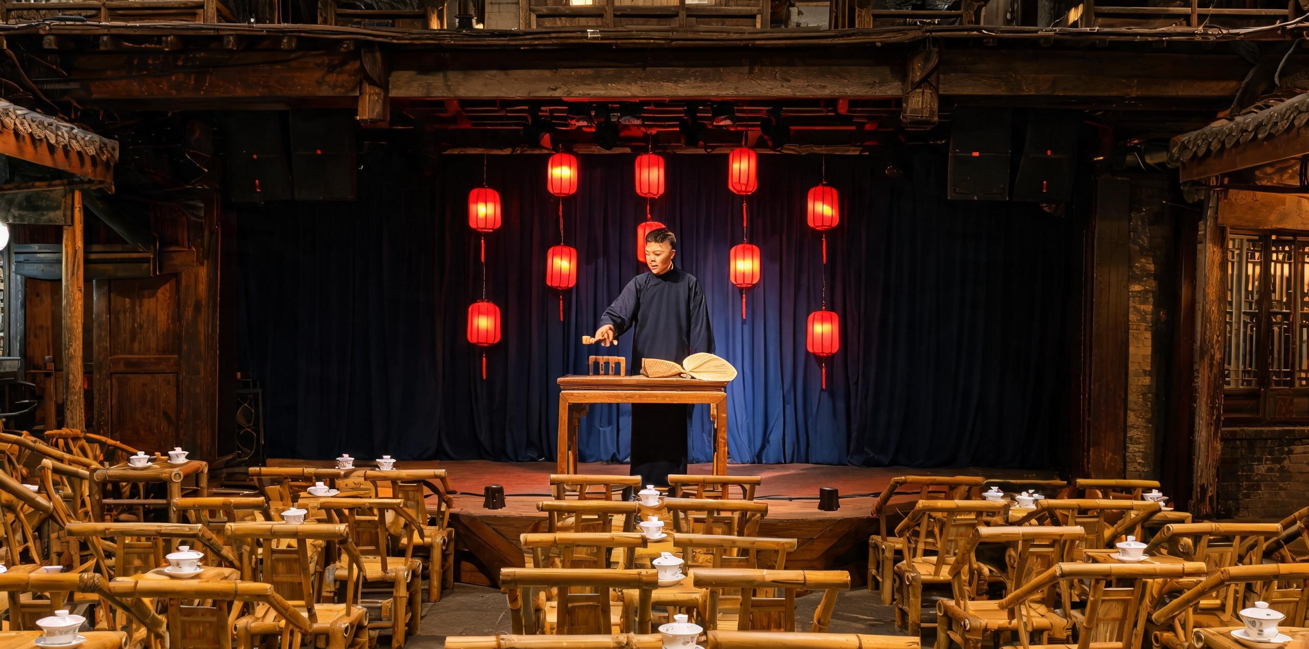 评书茶座一盏听全场——戏台醒木折扇与台下盖碗茶座，灯影茶寮夜场评书演出场景