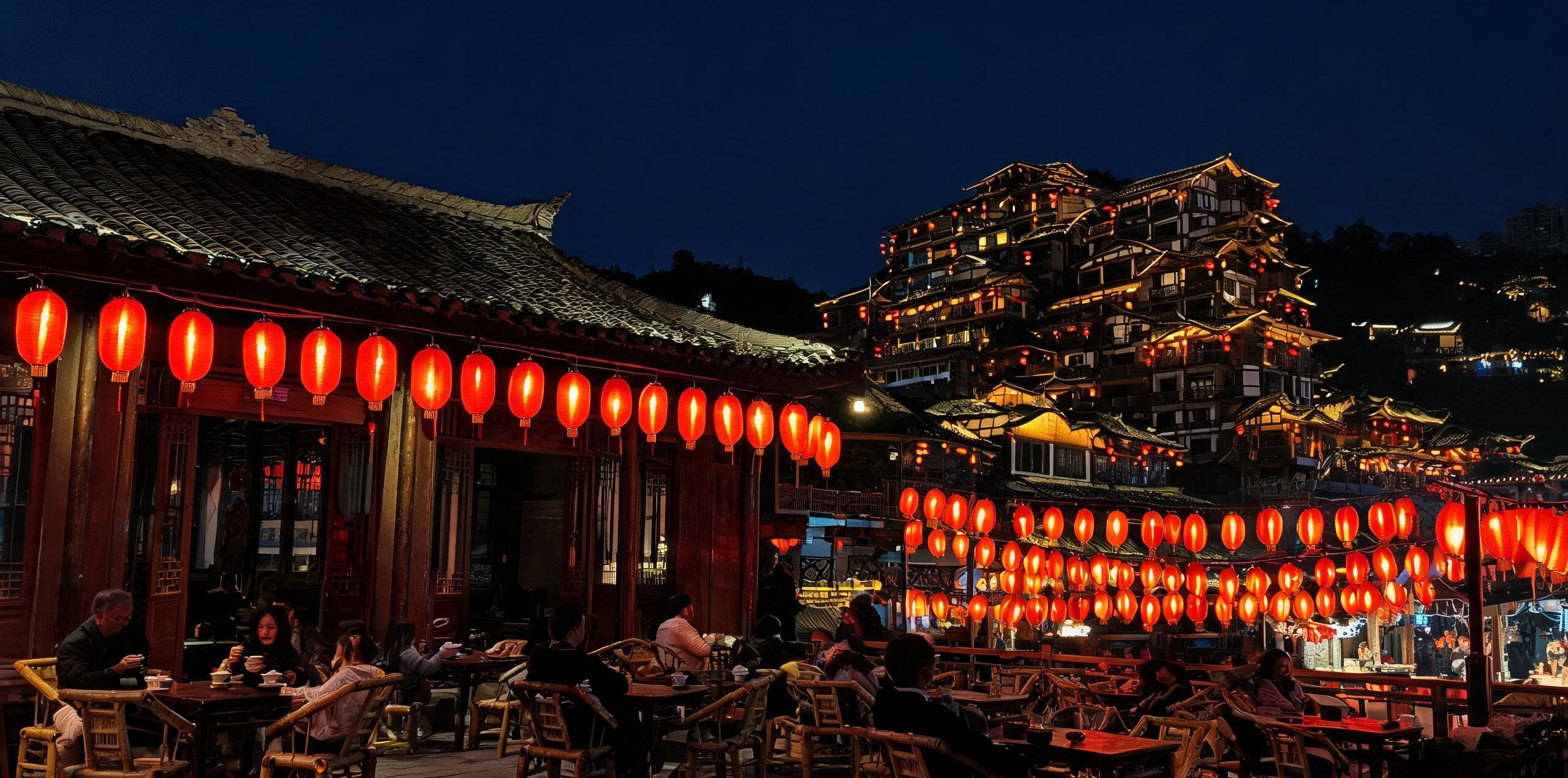 灯影茶寮洪崖洞灯市店门面夜景——吊脚楼层叠灯火与红灯笼长廊，门口竹椅茶座摆开夜市灯茶