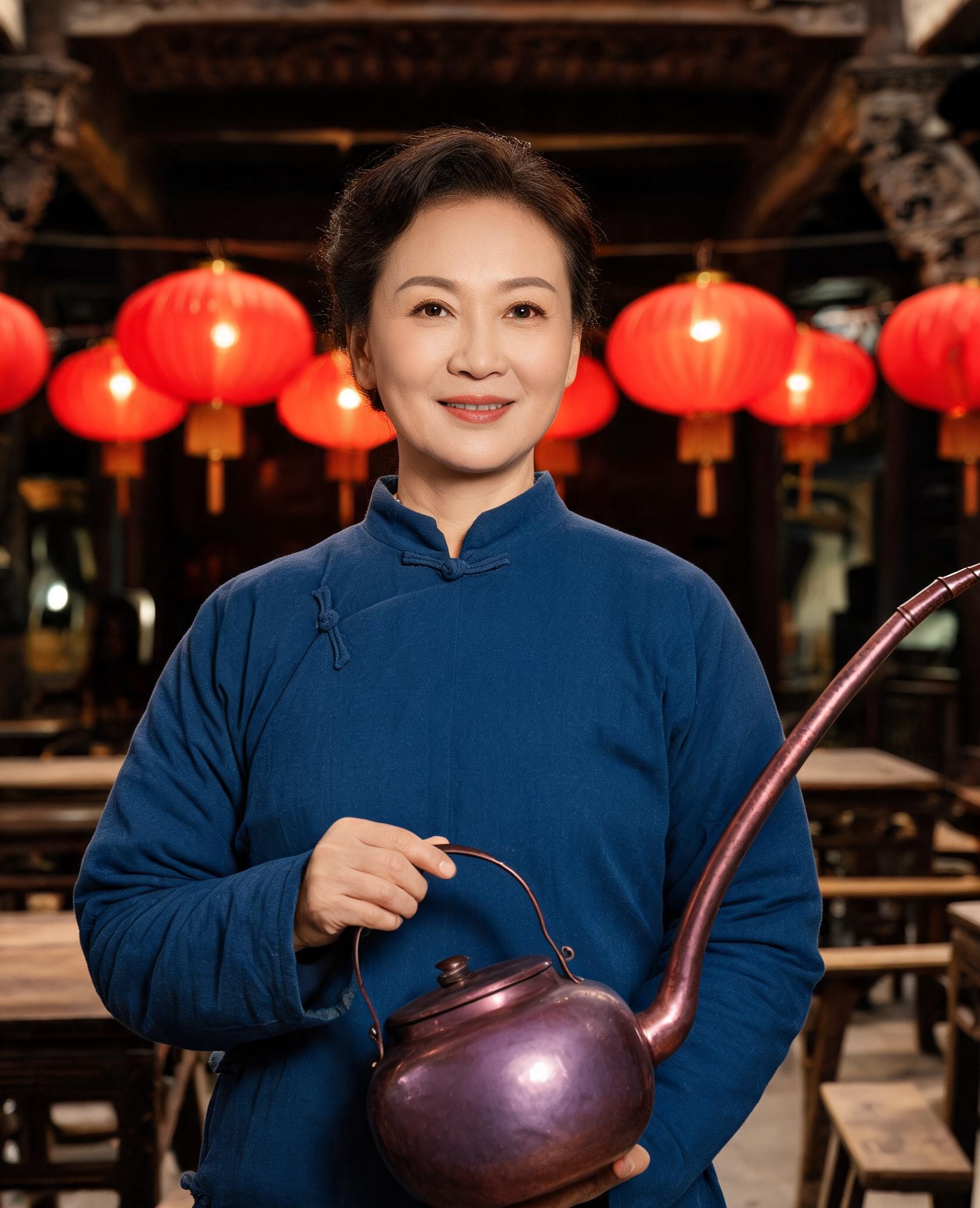 茶博士唐书苓肖像——身着靛蓝布衫的女堂倌手持长嘴铜壶，立于灯笼光晕前的灯影茶寮大堂