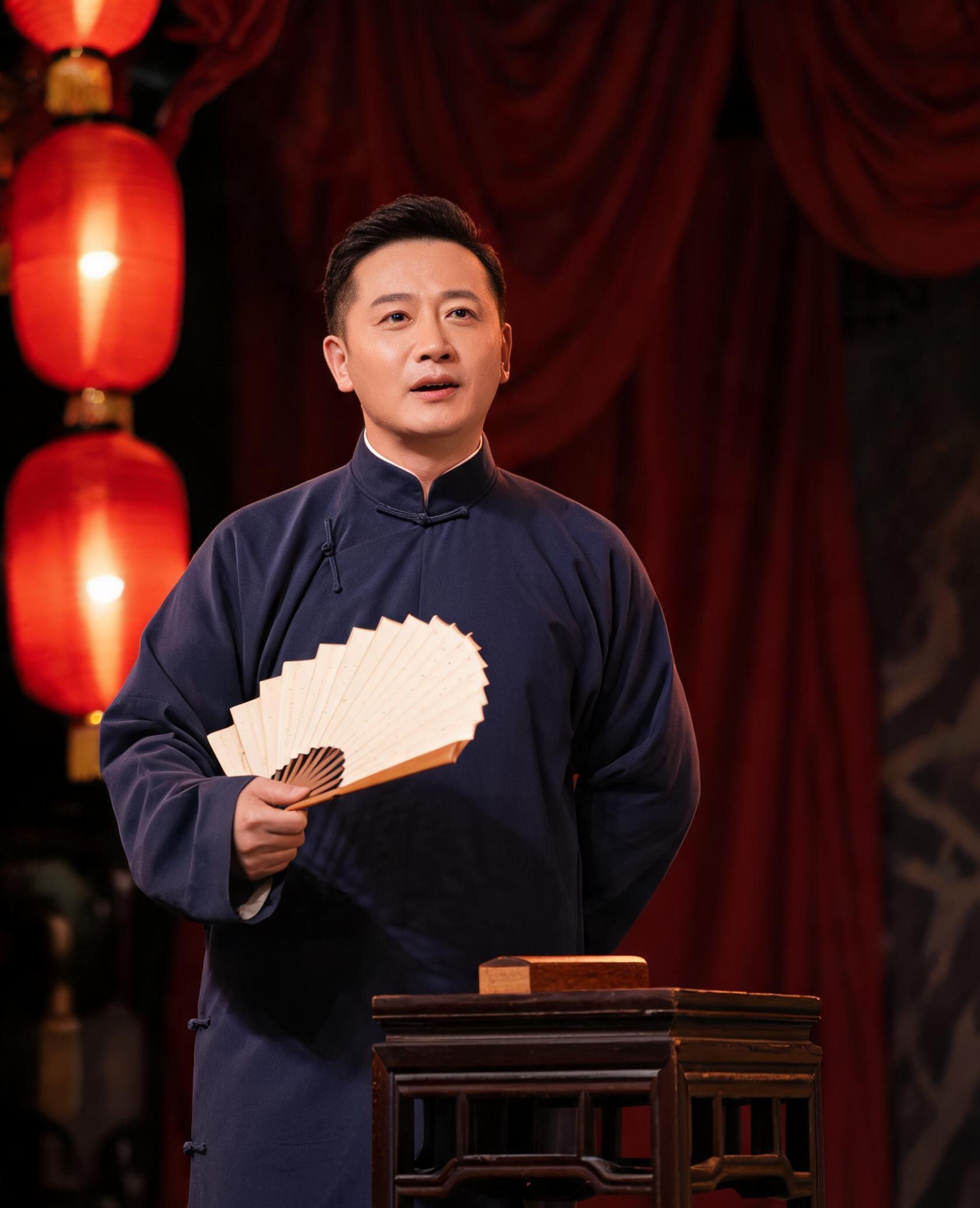 茶博士江一舟肖像——手持折扇与醒木的中年评书艺人，立于戏台灯笼幕布前，川江号子收集者