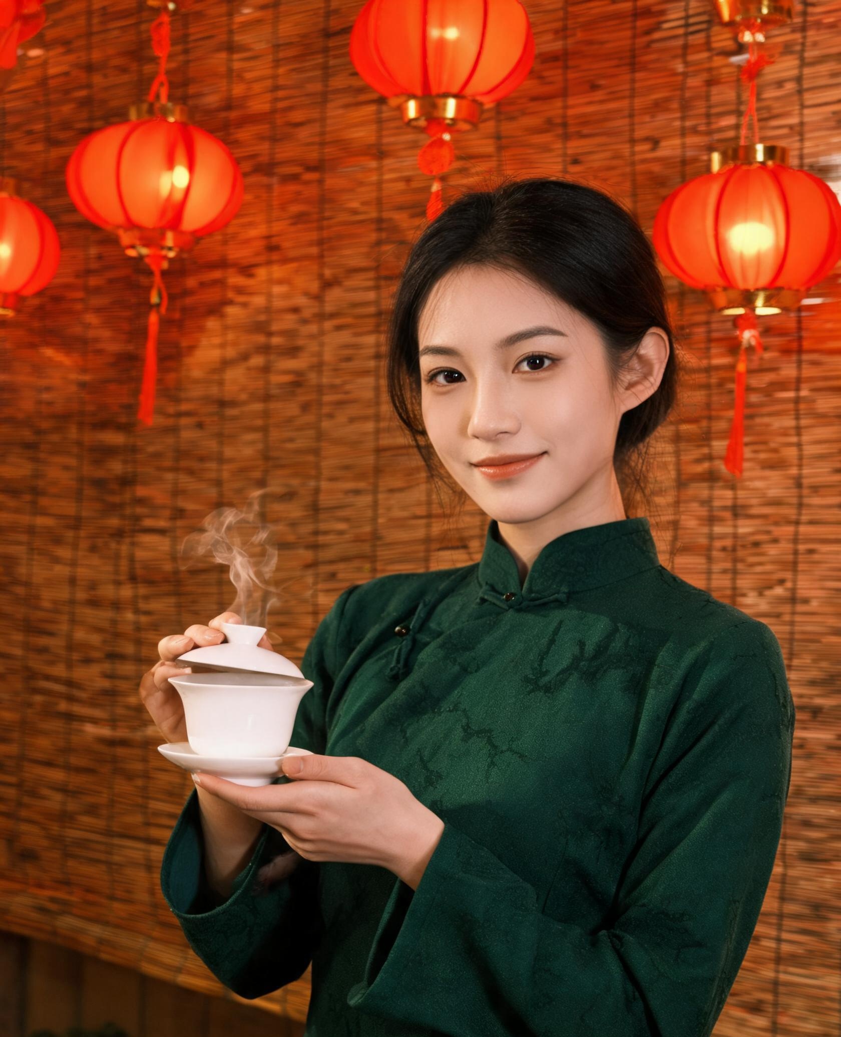 茶博士周曼青肖像——年轻女茶师双手奉盖碗茶，背景为灯影茶寮竹编墙围与暖黄灯影